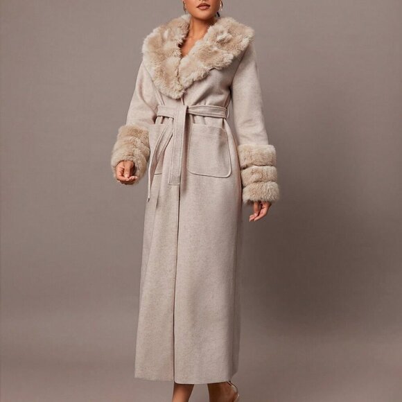 Khaki Elegant Womens Warm faux Fur trimmed belted Jacket Coat - Picture 3 of 7